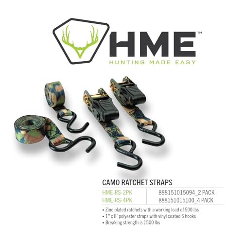 HME Durable Reliable Versatile Weather-Resistant Camouflage Ratchet 1500 lb Capacity 1' x 8' Tie-Down Straps - 4 Pack - Image 5