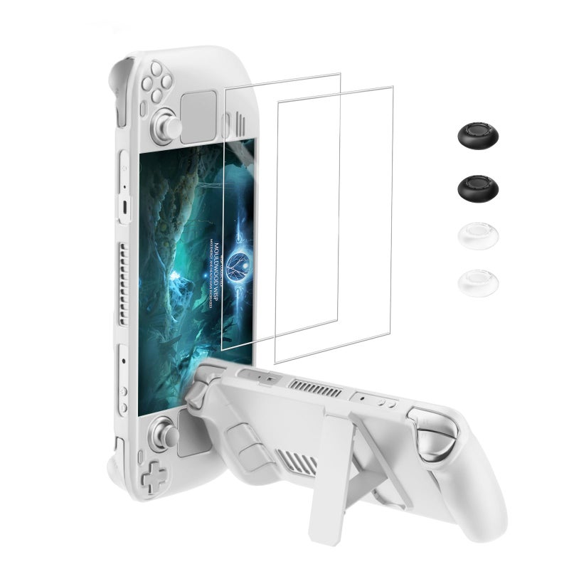 bibuks Steam Deck CaseSteam Deck OLED Protective CaseNonSlip Skin Protective Shell AccessoriesSteam Deck Case with Kickstand 2 Screen Protector 4 Thumb Grip White - Image 2
