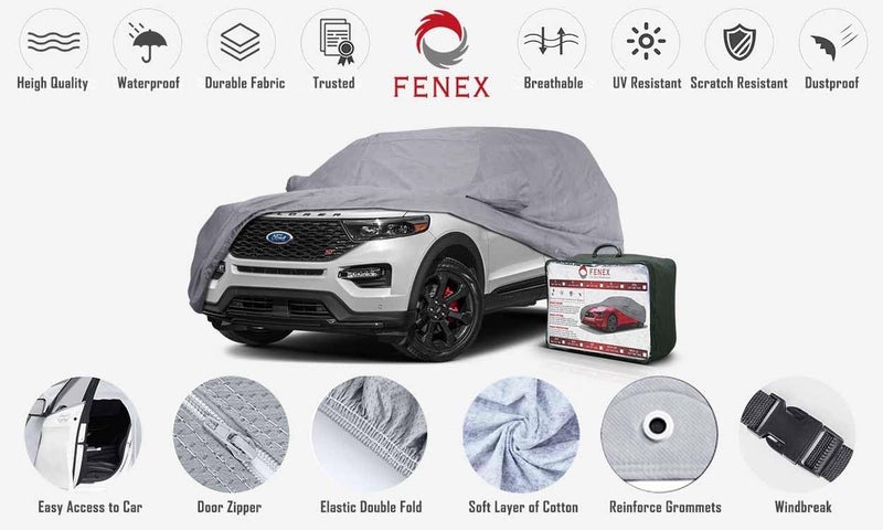 fenex Car Cover [4x4] – All-Weather Protection | Waterproof, UV-Resistant, Dustproof, Breathable | Indoor/Outdoor Use | Door Zipper & Mirror Pockets | Fits SUV & Sedan cars (520 × 203 × 152 cm) - Image 2