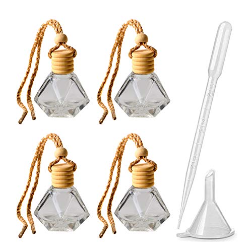 lasenersm 4pcs 8ml Refillable Car Hanging Glass Perfume Bottle Diamond Shaped Pendant Perfume Aromatherapy Bottle Hanging Diffuser Bottle Air Fresher Ornament Vials & 1 Plastic Funnel and 1 Plastic 3ml Dropper - Image 1