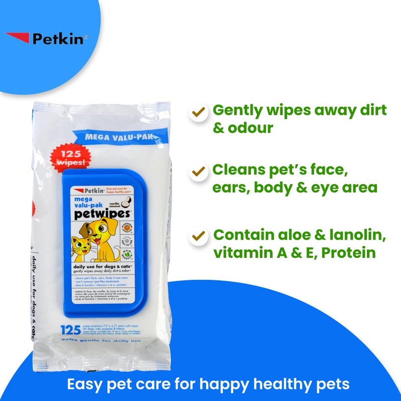 Petkin Mega Valu-Pak Pet Wipes, 125 Wipes - Pet Wipes for Dogs & Cats - for Face, Paws, Ears, Body & Eye Area - Super Convenient Dog Cleaning Wipes - Image 2