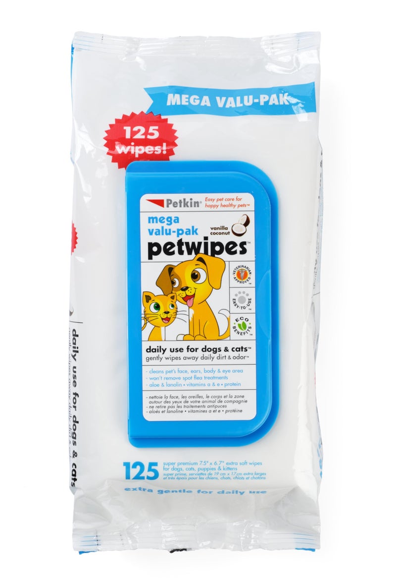 Petkin Mega Valu-Pak Pet Wipes, 125 Wipes - Pet Wipes for Dogs & Cats - for Face, Paws, Ears, Body & Eye Area - Super Convenient Dog Cleaning Wipes - Image 1