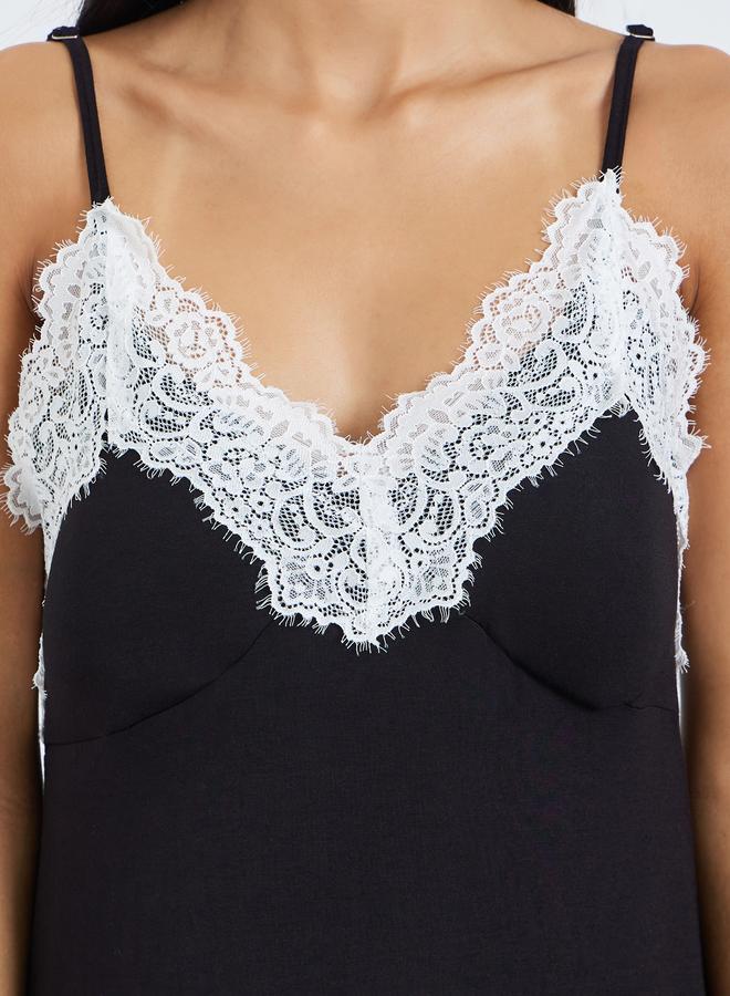 Styli Black Contrast Lace Detail Slip Dress - Image 3