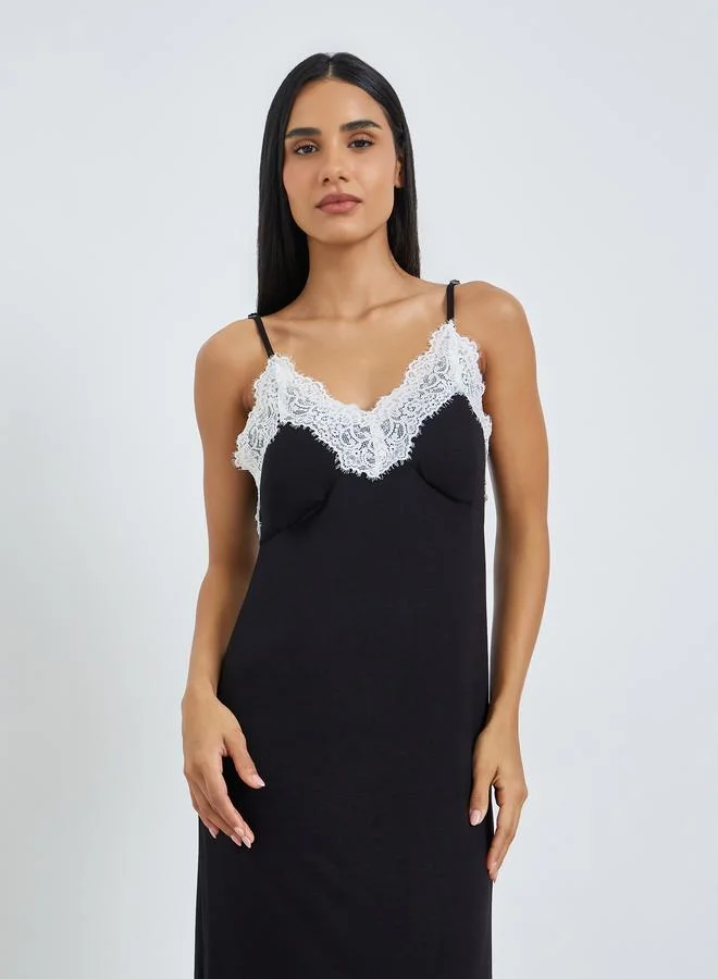 Styli Black Contrast Lace Detail Slip Dress