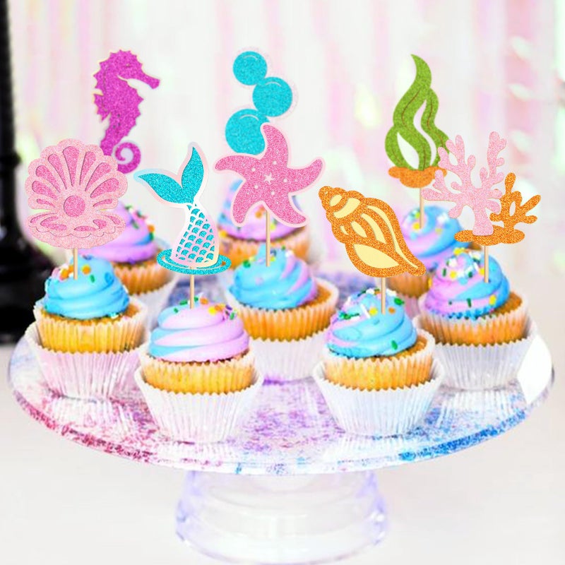 Ercadio 24 pcs Glitter Mermaid Cupcake Toppers Picks Starfish Shell Mermaid Tail Cake Under the Sea Beach Cake Decoration Birthday Cupcake Toppers Party Supplies for Girl Baby Shower - Image 3