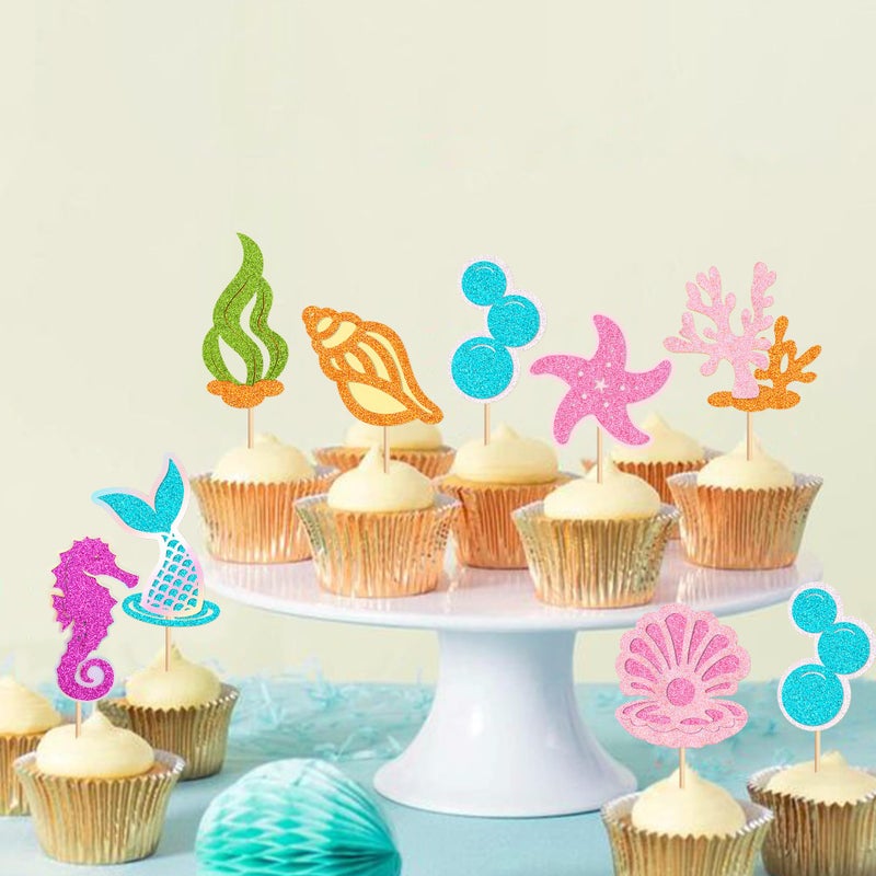 Ercadio 24 pcs Glitter Mermaid Cupcake Toppers Picks Starfish Shell Mermaid Tail Cake Under the Sea Beach Cake Decoration Birthday Cupcake Toppers Party Supplies for Girl Baby Shower - Image 4