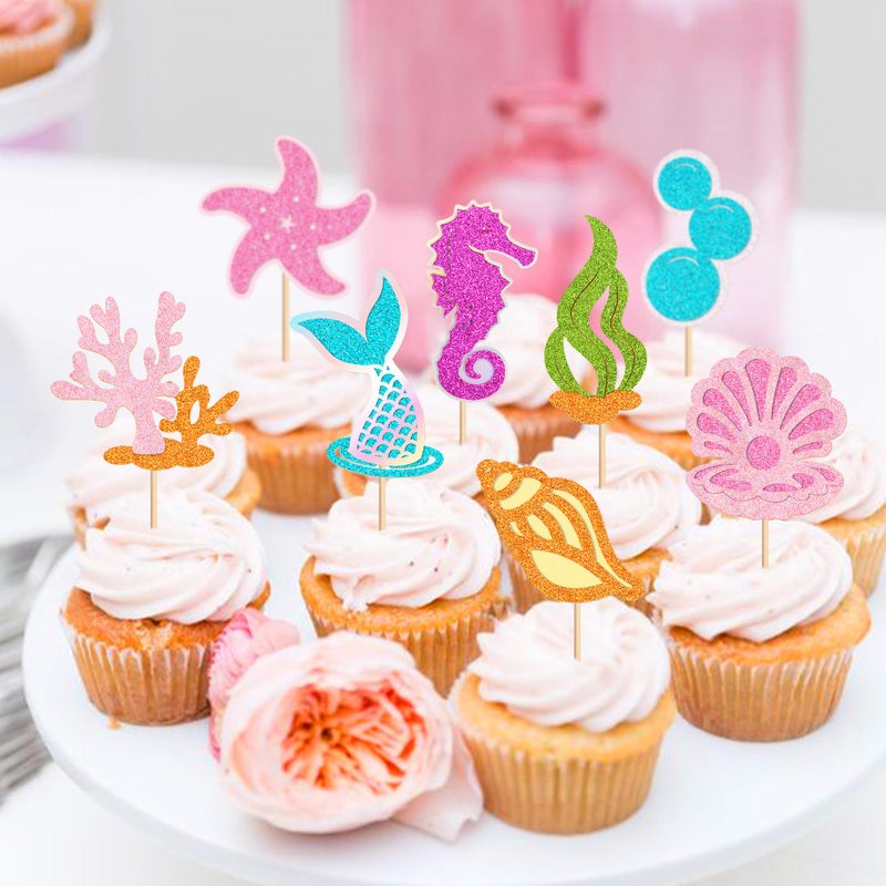Ercadio 24 pcs Glitter Mermaid Cupcake Toppers Picks Starfish Shell Mermaid Tail Cake Under the Sea Beach Cake Decoration Birthday Cupcake Toppers Party Supplies for Girl Baby Shower - Image 5