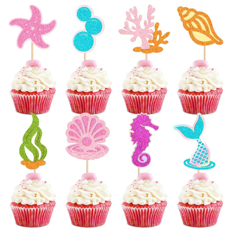 Ercadio 24 pcs Glitter Mermaid Cupcake Toppers Picks Starfish Shell Mermaid Tail Cake Under the Sea Beach Cake Decoration Birthday Cupcake Toppers Party Supplies for Girl Baby Shower - Image 1