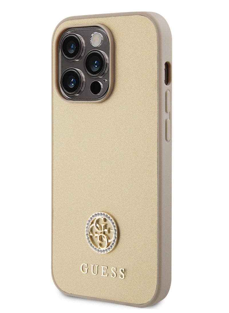 GUESS PU Case with Metal 4G Strass Logo for iPhone 15 Promax - Gold - Image 3
