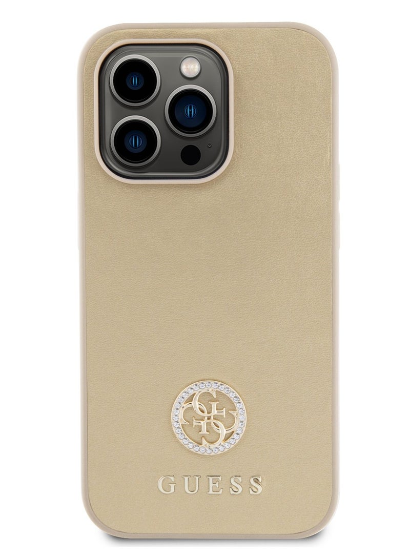 GUESS PU Case with Metal 4G Strass Logo for iPhone 15 Promax - Gold - Image 1