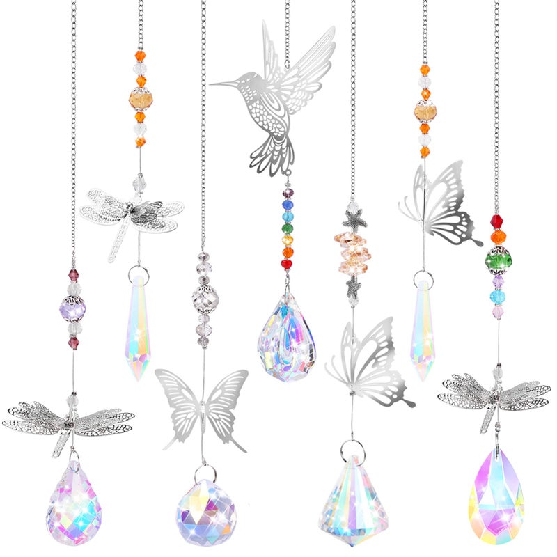 Crystal Sun Catcher 7PCS Colorful Crystals Ball Prisms Suncatcher Glass Pendants with Butterfly Dragonfly Hummingbird Hanging Ornament Window Rainbow Maker for Home Office Garden Decoration