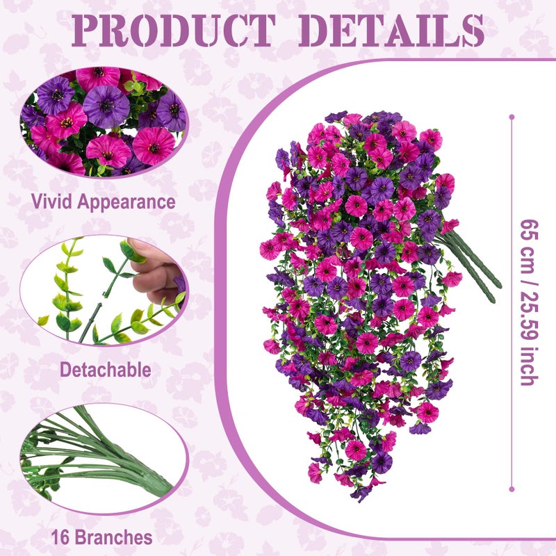 Hrobek Artificial Hanging Petunias Flowers for Outdoor, 2pcs Fake Plants Long Vine Morning Glory Eucalyptus, UV Resistant Realistic Faux Greenery Indoor Outside Patio Porch Garden Spring Summer Decor, Purple - Image 2