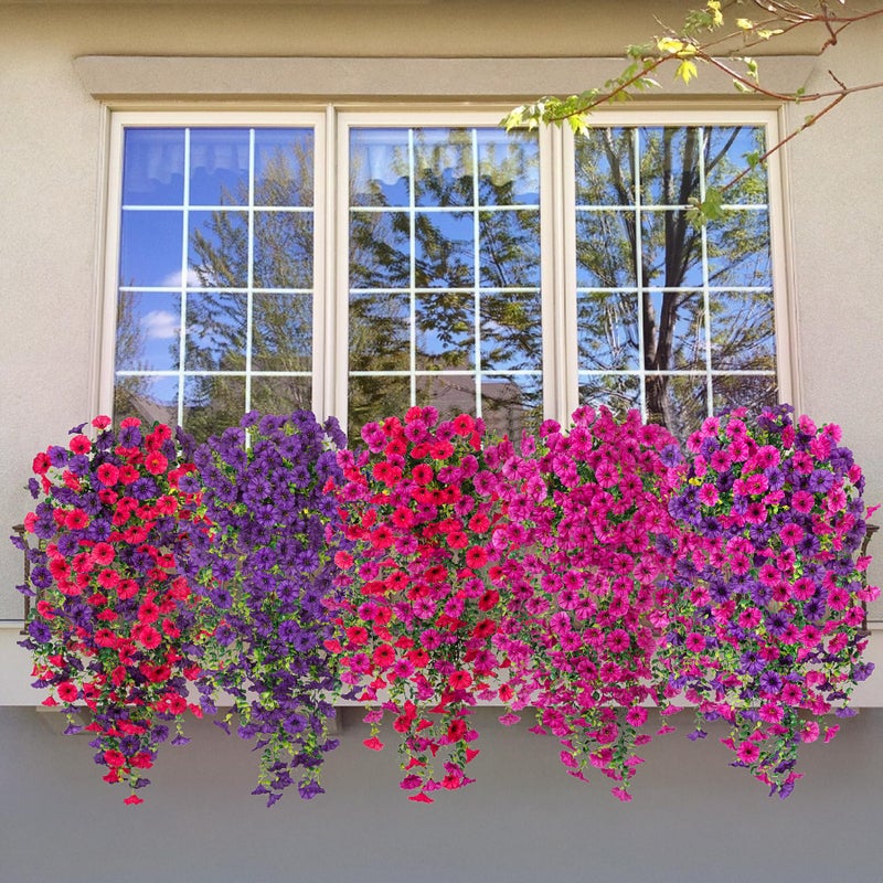 Hrobek Artificial Hanging Petunias Flowers for Outdoor, 2pcs Fake Plants Long Vine Morning Glory Eucalyptus, UV Resistant Realistic Faux Greenery Indoor Outside Patio Porch Garden Spring Summer Decor, Purple - Image 4