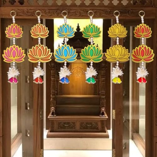 GIFT JAIPUR خشبي 6 قطع مرحلتين ألوان مختلطة لوتس بحجم مختلف جومكا جداري معبد معلق ثوران زينة عرض لديwali غانيش شاتورثي بوجا ديكور منزل المهرجان, متعدد الألوان - Image 3