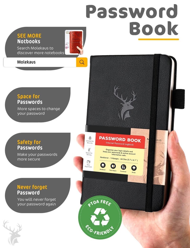 molekaus Password Book with Alphabetical Tabs Small Password Keeper with Extra Password Space to Change Password. Password Notebook for Home or Office for Internet Log In, 6.1 * 3.7in black small - Image 2