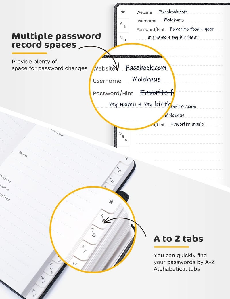 molekaus Password Book with Alphabetical Tabs Small Password Keeper with Extra Password Space to Change Password. Password Notebook for Home or Office for Internet Log In, 6.1 * 3.7in black small - Image 5