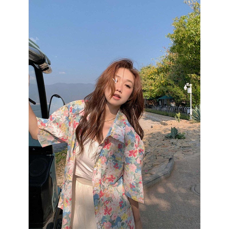 150 kg fat mm plus size couple flower shirt women's retro Hong Kong style BF style loose Hawaiian beach shirt - Image 1