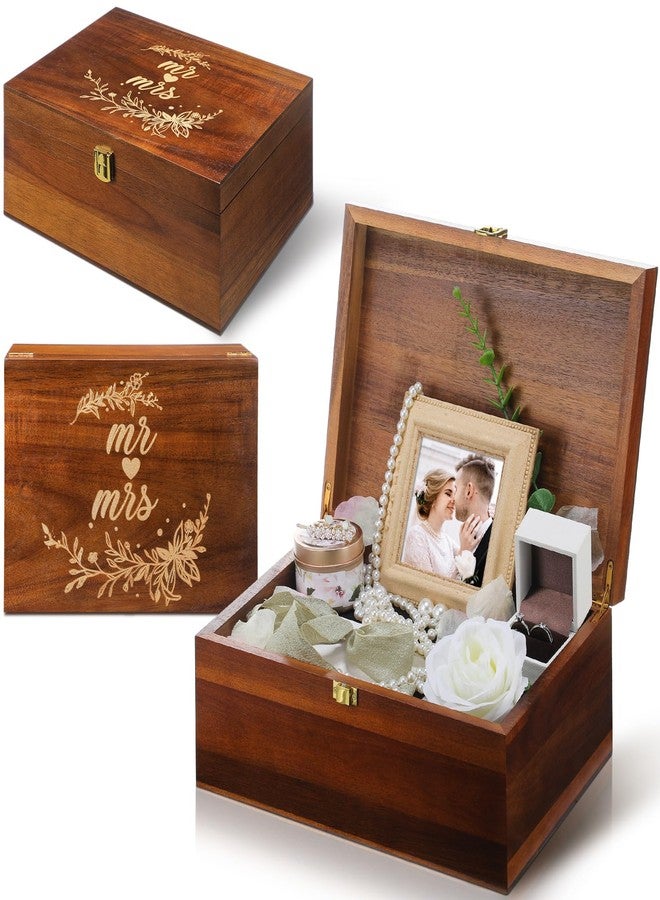 Threehoney Large Wooden Wedding Keepsake Box with Lids 12 x 9 x 5.5 Inch, Wedding Memory Storage Box Engagement Gifts for Couples Newlyweds Bridal Shower Couple Gifts(Mr&mrs) - Image 1
