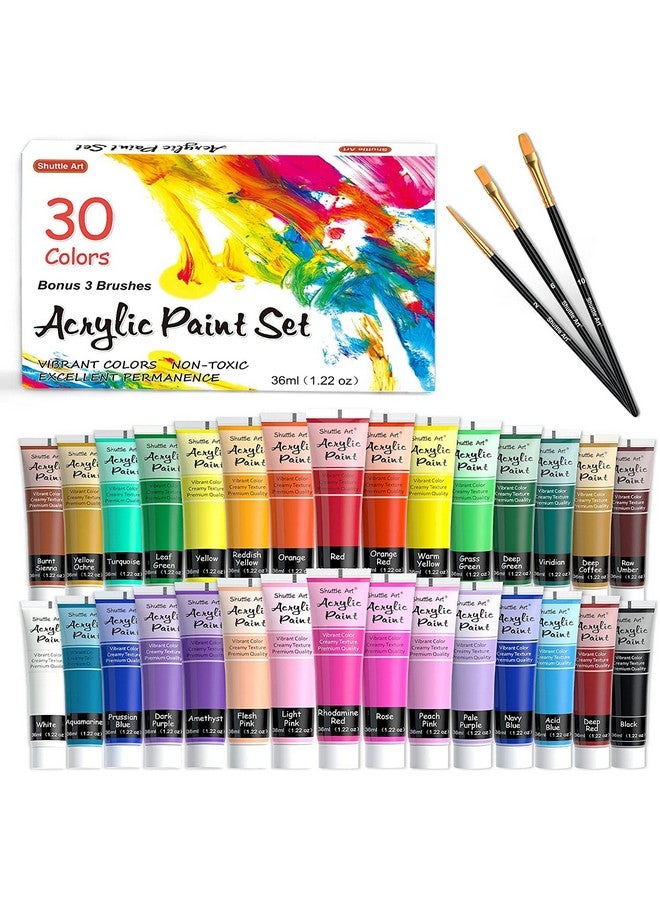 شاتل أرت مجموعة طلاء أكريليك مكونة من 30 لونًا، أنابيب سعة 36 مل مع 3 فرش، طلاء أكريليك من فئة الفنان للأطفال والكبار والمبتدئين، يرسمون على الصخور الخشبية المصنوعة من القماش - Image 1