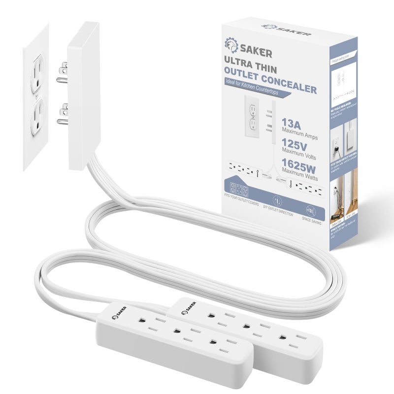 Saker Dual 5ft Flat Extension Cord with 6 Outlets, 1625W | Outlet Cover Extension Cord, Flat Plug, Baby Proof, Universal Size for Home, Kitchen, Office | Safe Outlet Concealer - Image 1