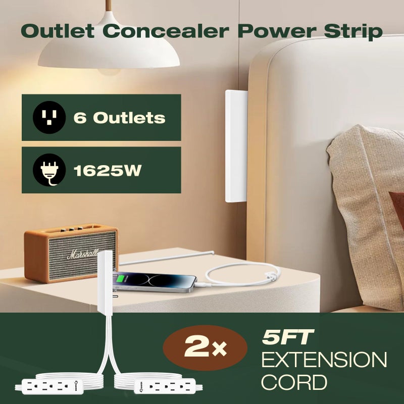 Saker Dual 5ft Flat Extension Cord with 6 Outlets, 1625W | Outlet Cover Extension Cord, Flat Plug, Baby Proof, Universal Size for Home, Kitchen, Office | Safe Outlet Concealer - Image 3