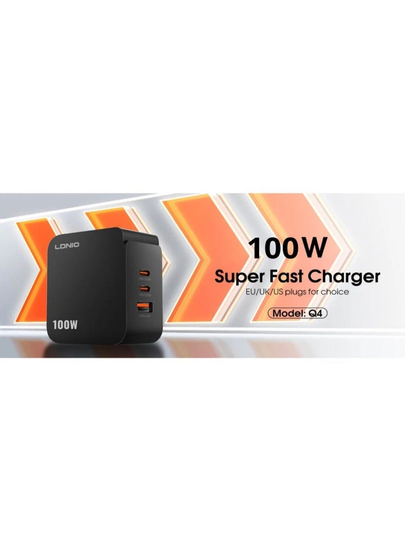 لدنيو شاحن جداري للكمبيوتر المحمول والكمبيوتر اللوحي بقدرة 100 واط من PD مع QC4+ 3 منافذ USB ونوع C مقبس توصيل محمول سريع الشحن في المملكة المتحدة مع حماية متعددة الوظائف لهاتف Apple Huawei Xiaomi Samsung، أسود - Image 3