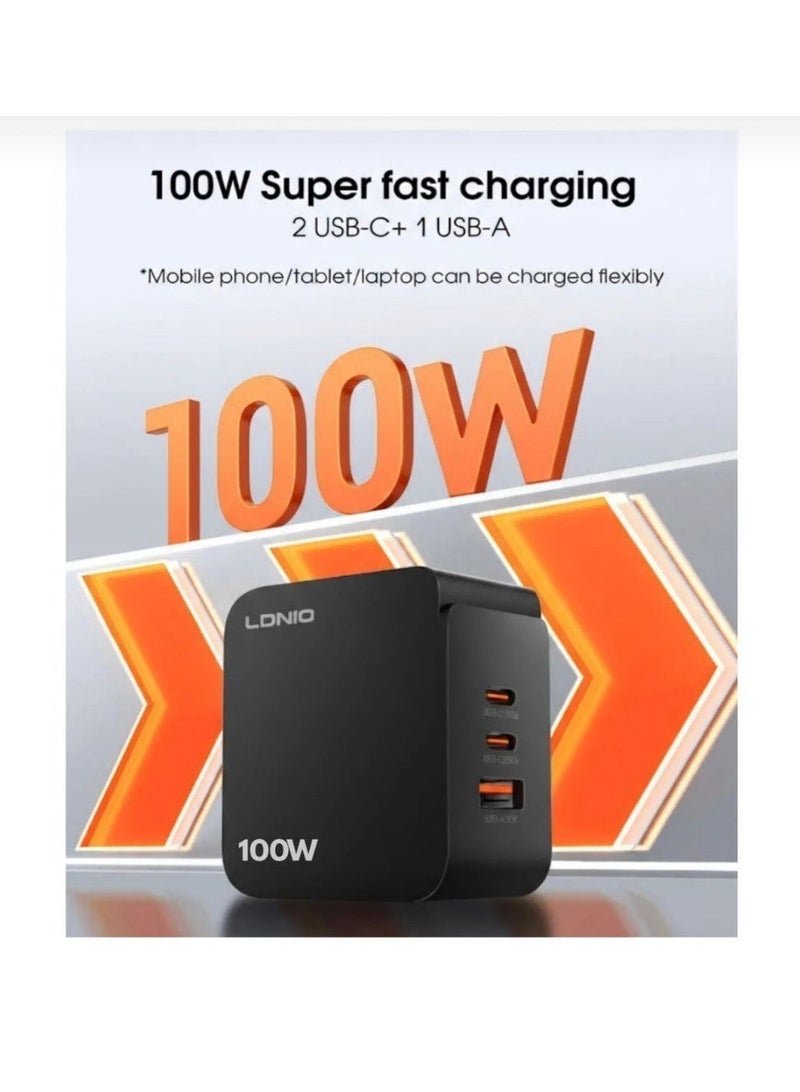 لدنيو شاحن جداري للكمبيوتر المحمول والكمبيوتر اللوحي بقدرة 100 واط من PD مع QC4+ 3 منافذ USB ونوع C مقبس توصيل محمول سريع الشحن في المملكة المتحدة مع حماية متعددة الوظائف لهاتف Apple Huawei Xiaomi Samsung، أسود - Image 1