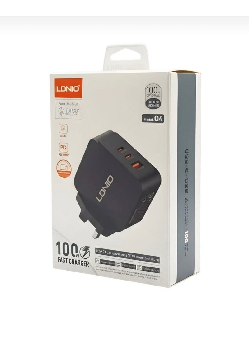 لدنيو شاحن جداري للكمبيوتر المحمول والكمبيوتر اللوحي بقدرة 100 واط من PD مع QC4+ 3 منافذ USB ونوع C مقبس توصيل محمول سريع الشحن في المملكة المتحدة مع حماية متعددة الوظائف لهاتف Apple Huawei Xiaomi Samsung، أسود - Image 2