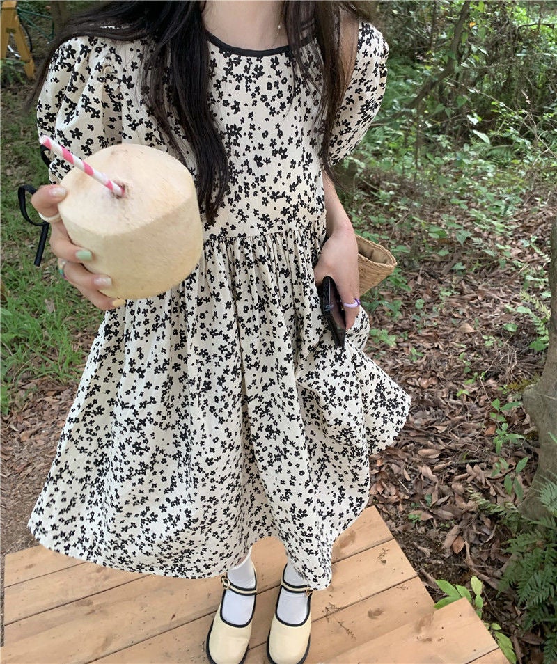 Sweet Mori Style Puff Sleeve dress Womens Summer 2024 New High Waist Slimming Belly Covering Age-reducing Short Sleeve Skirt Picture Color 