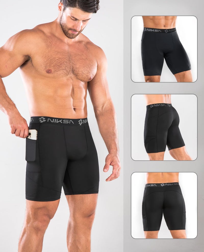 Niksa 1/2 Pack Mens Compression Shorts with Pocket, Performance Spandex Athletic Sports Workout Running Underwear Shorts - Image 2
