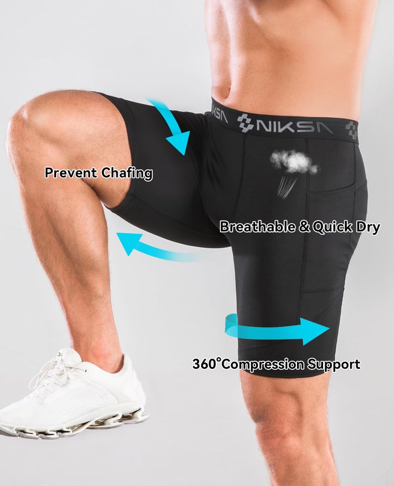 Niksa 1/2 Pack Mens Compression Shorts with Pocket, Performance Spandex Athletic Sports Workout Running Underwear Shorts - Image 3