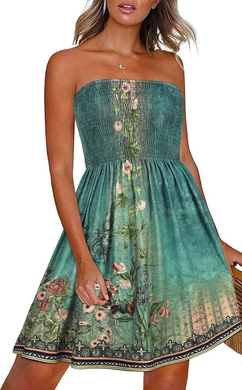 CHICGAL Summer Women Dresses Beach Cover Ups Sleeveless Boho Floral Print Sundress (Green Print Flower,M) - Image 1