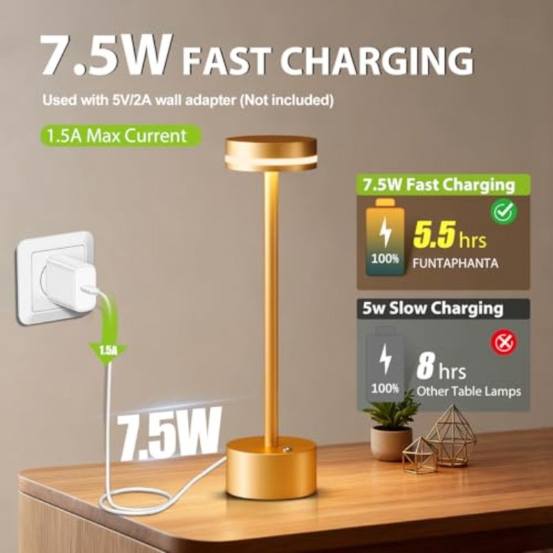 مصباح طاولة LED محمول من الألومنيوم مع مستشعر باللمس، ذهبي، ضوء أبيض دافئ، بطارية 4000 مللي أمبير في الساعة، 3 مستويات سطوع، شحن USB-C، لديكور المنزل، تناول الطعام، غرفة النوم، القراءة، هدية - Image 5