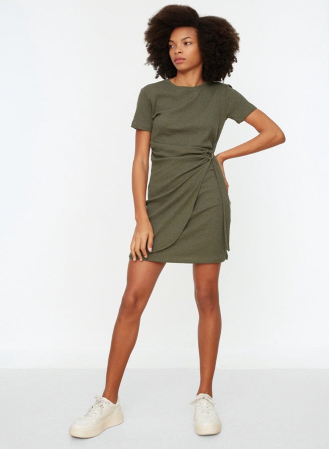 trendyol Khaki Knitted Mini Dress with Tie Detail Crew Neck Sweater-Looking  - Image 1