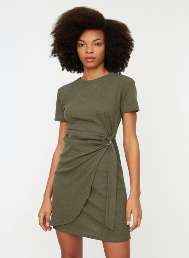 trendyol Khaki Knitted Mini Dress with Tie Detail Crew Neck Sweater-Looking  - Image 2
