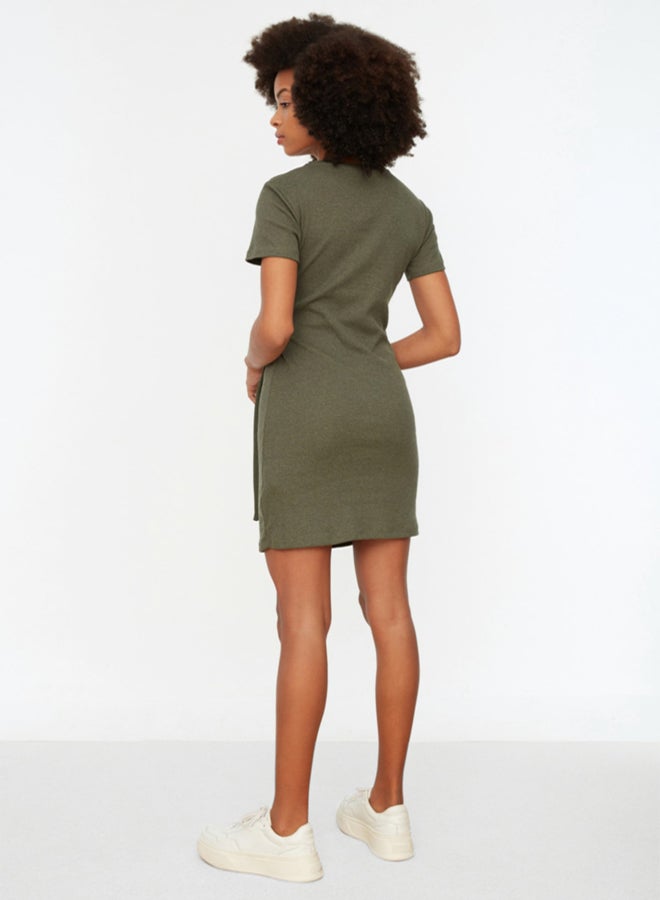trendyol Khaki Knitted Mini Dress with Tie Detail Crew Neck Sweater-Looking  - Image 5
