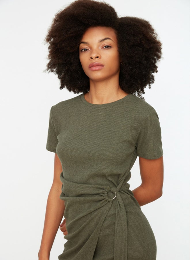 trendyol Khaki Knitted Mini Dress with Tie Detail Crew Neck Sweater-Looking  - Image 3
