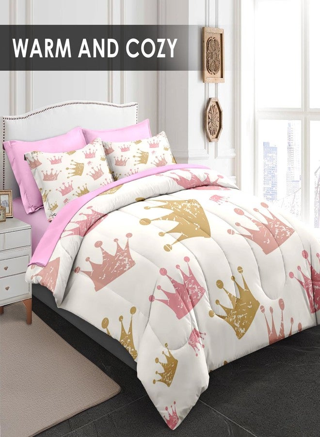 Pamnest Comforter Set Full Size, Cute Kids Crown 7 Pcs Bedding for Kids and Adults, Pink Princess Girls Bed Sheet Sets with Fitted Sheet 2 Pillowcase & 2 Sham for Bedroom Bed Decor - Image 2