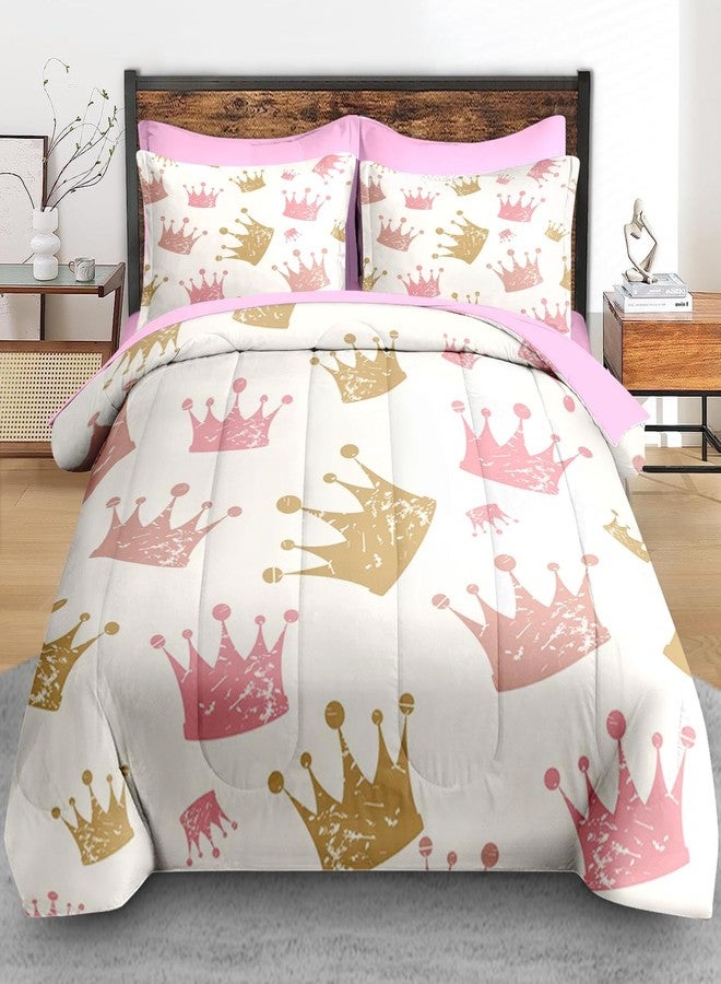 Pamnest Comforter Set Full Size, Cute Kids Crown 7 Pcs Bedding for Kids and Adults, Pink Princess Girls Bed Sheet Sets with Fitted Sheet 2 Pillowcase & 2 Sham for Bedroom Bed Decor - Image 3