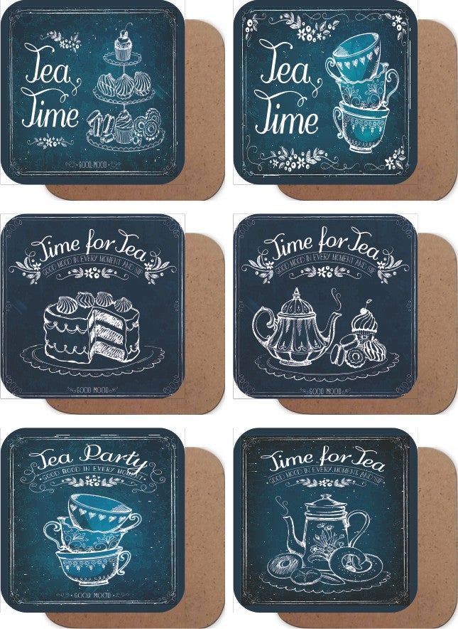 Hayat Poster - Life Poster Tea Time Vintage Style 6 Piece Retro Wooden Coasters Set - Image 1