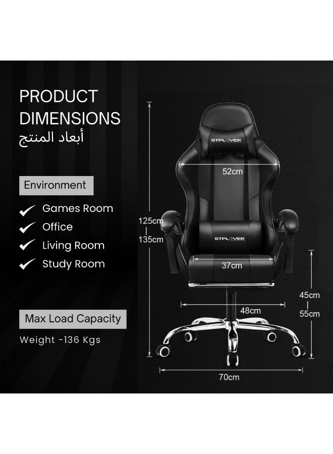 GTPLAYER #1USA Ergonomic Gaming Chair with Adjustable Lumbar Support Cushion, Headrest & Armrests – PU Leather Computer Video Game Desk Chair for Gaming & Office - Black black - Image 2