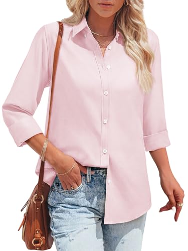 Aoudery Womens Oxford Shirts Button Down Shirts Cotton Dress Shirts Long Sleeve Collared Work Office Blouses Tunic Tops - Light Pink S - Image 1