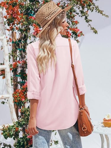 Aoudery Womens Oxford Shirts Button Down Shirts Cotton Dress Shirts Long Sleeve Collared Work Office Blouses Tunic Tops - Light Pink S - Image 2