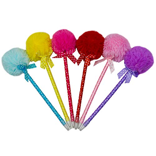 Maydahui 12 PCS Pom Pom Ballpoint Pen Cute Kawaii Fluffy Ball Pens Bowknot Polka Dot Blue Gel Ink for School Girls Valentine's Day - Image 1