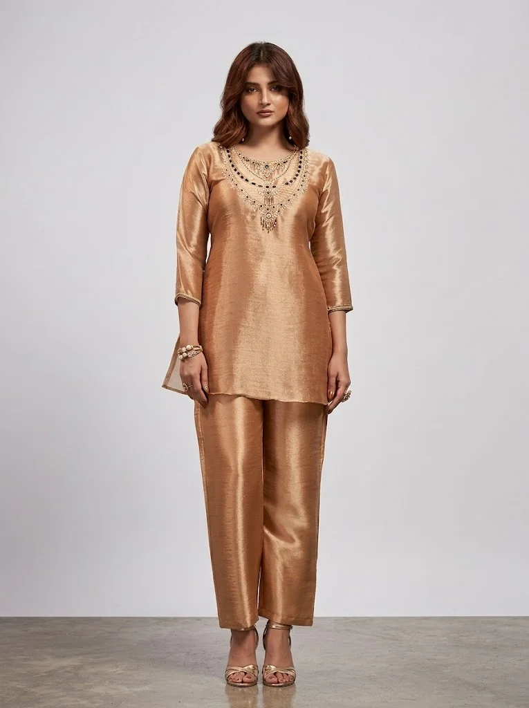 VINY Bronze Round Neck Embellished Kurta & Pant Set – Women's Indian Ethnic Wear