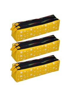 Kuber Industries Kuber Industries Pencil Pouch | Rexine Stationary Pouch | Pencil Utility Pouch | School Pencil Case for Kids | 2 Zipper Pencil Organizer | Star Pencil Pouch | Pack of 3 | Yellow  - Image 1