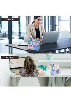 Y&D Pen Holder for Desk 2 Pack Clear Acrylic Makeup Brush Accessories Pencil Cup with Sticky Notes and 3 Compartments Organizer Art Supply  - Image 5
