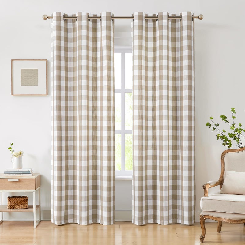 Amzdecor Buffalo Plaid Grommet Curtains 84 Inch Length, Tan Semi-Sheer Gingham Check Farmhouse Rustic Textured Curtains Drapery for Living Room Bedroom,2 Panels （40" x 84",Beige/Tan & White） - Image 1