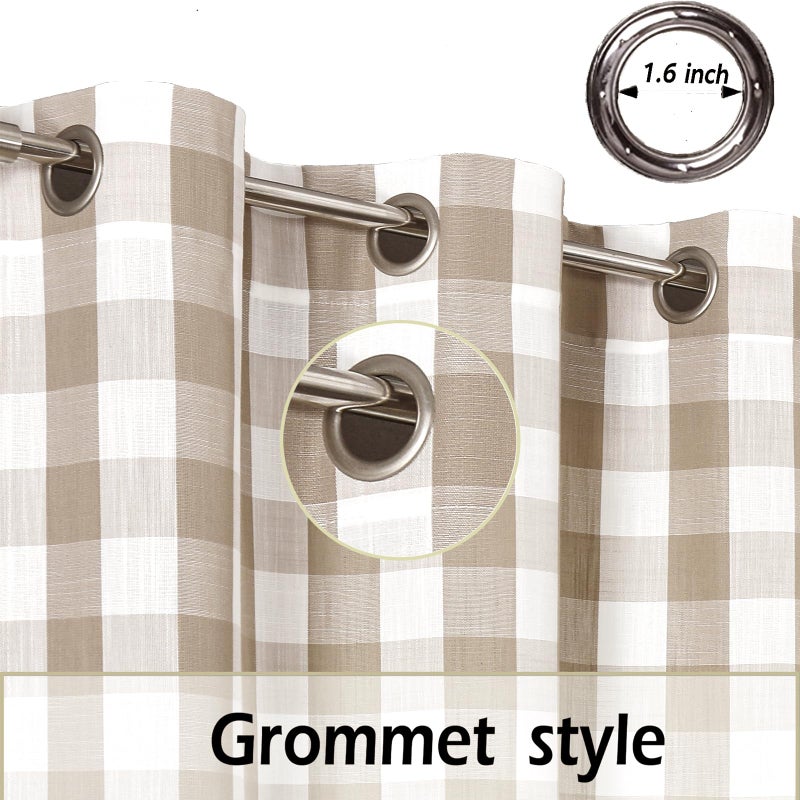 Amzdecor Buffalo Plaid Grommet Curtains 84 Inch Length, Tan Semi-Sheer Gingham Check Farmhouse Rustic Textured Curtains Drapery for Living Room Bedroom,2 Panels （40" x 84",Beige/Tan & White） - Image 4