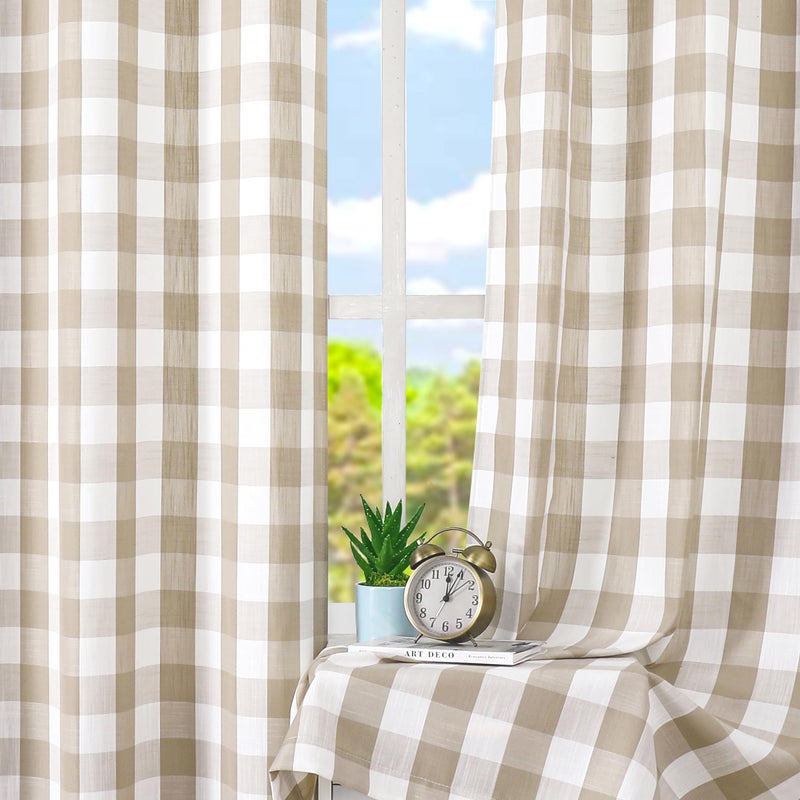 Amzdecor Buffalo Plaid Grommet Curtains 84 Inch Length, Tan Semi-Sheer Gingham Check Farmhouse Rustic Textured Curtains Drapery for Living Room Bedroom,2 Panels （40" x 84",Beige/Tan & White） - Image 2